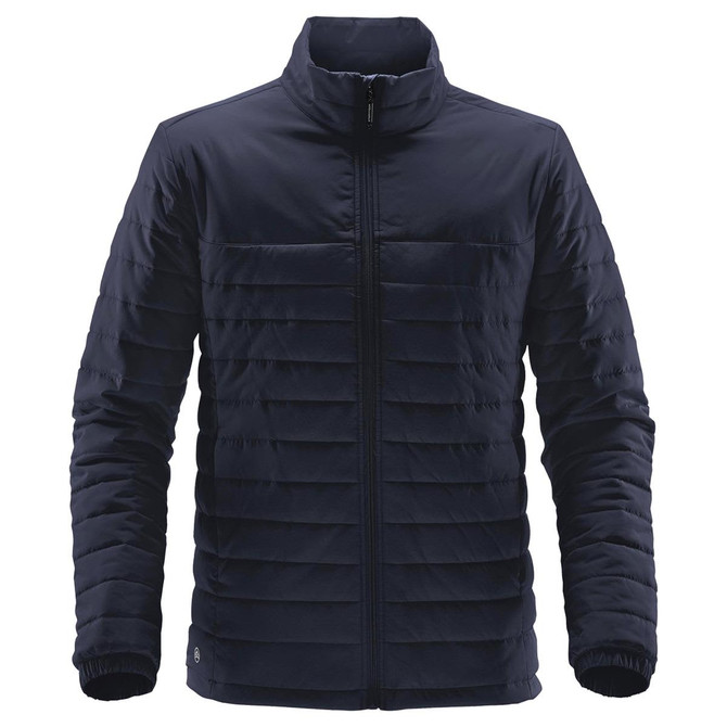 A men's navy quilted jacket with a front zip and a logo on the hem, featuring a modern, insulated design.