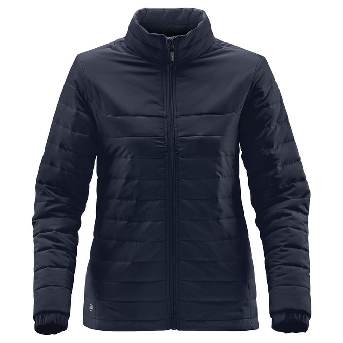 A women's quilted jacket in navy blue with a zippered front and a high collar, featuring a logo on the lower hem.