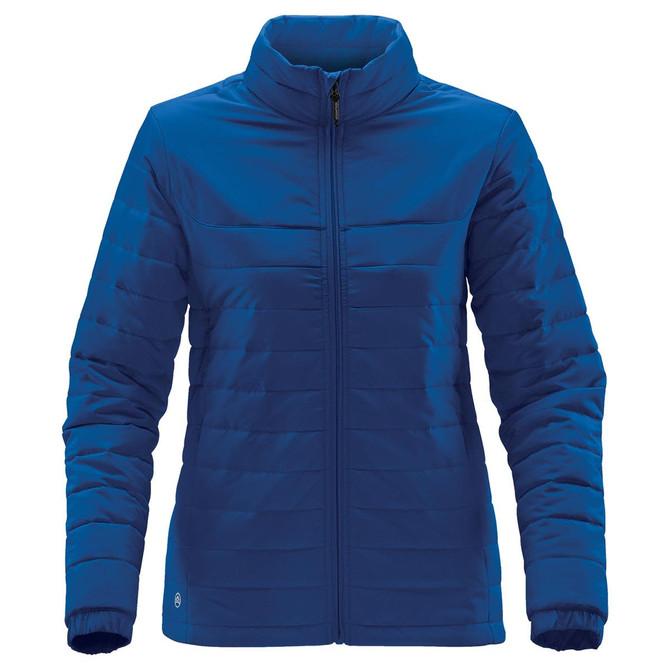 A blue women's quilted jacket featuring a zip front and stand-up collar, with a logo on the side.