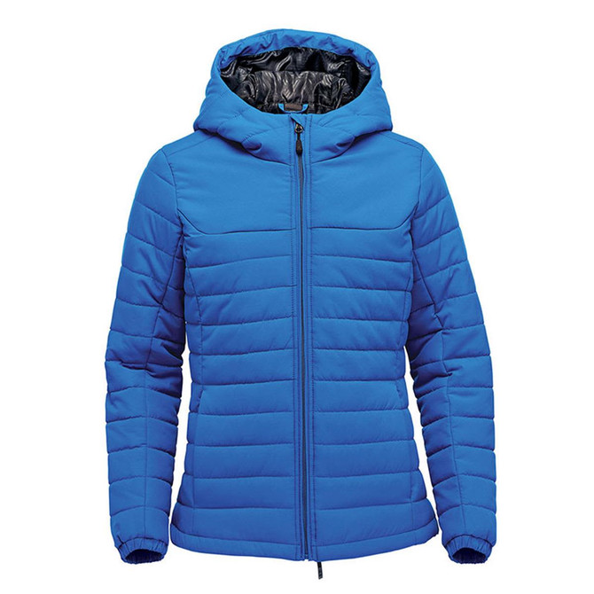 A blue women's hooded quilted jumper with a zip closure and a lined interior. It features an integrated hood.