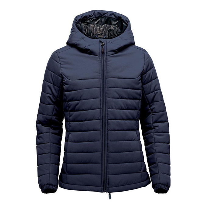 A navy women's quilted hoody with a front zip and a lined hood, featuring a logo on the chest.
