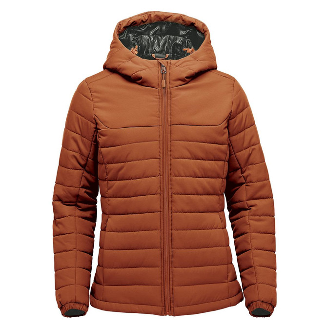 A burnt orange women's quilted hoody with a zip front and an attached hood, featuring a patterned interior lining.