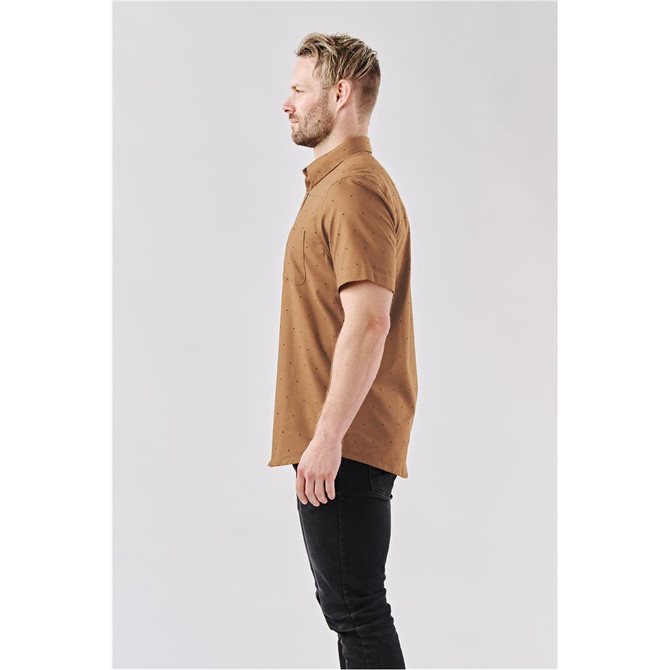 A side view of a men's short-sleeve button-up shirt in brown with a subtle pattern, featuring a small pocket.
