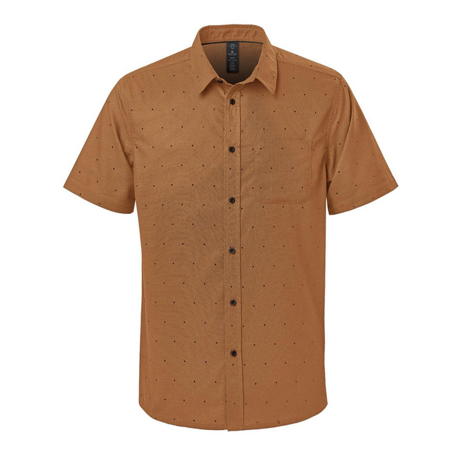 A short-sleeve button-up shirt in brown with a patterned design, featuring a pocket and a logo.