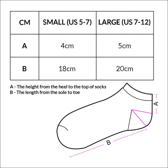 A diagram of June Ankle Socks with measurements for small and large sizes in centimetres. Features an illustration of the socks.
