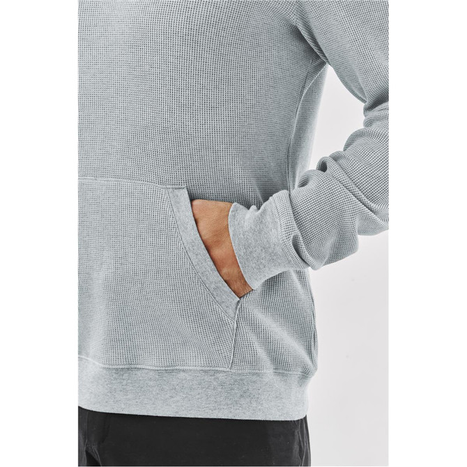 A grey pullover hoodie featuring a textured fabric and a front pocket. It has a logo on the design.