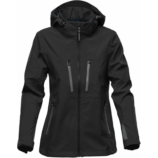 A women's black softshell jacket featuring a hood, zippered pockets, and a logo on the sleeve.