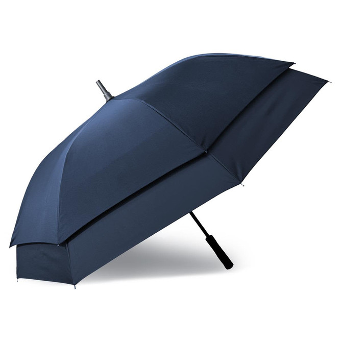 A navy umbrella with a double canopy design and a black handle, featuring a branding logo.