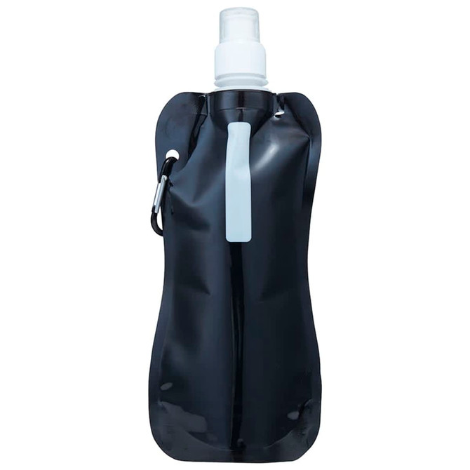 A drink bottle in black with a flexible design, featuring a nozzle and a carabiner clip for attachment.