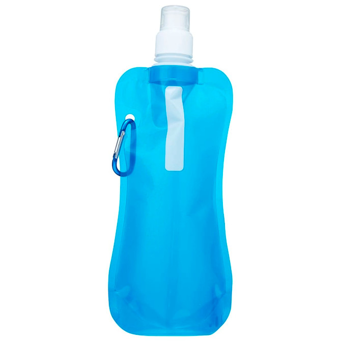 A drink bottle in translucent blue, featuring a nozzle and a carabiner clip, with a logo.