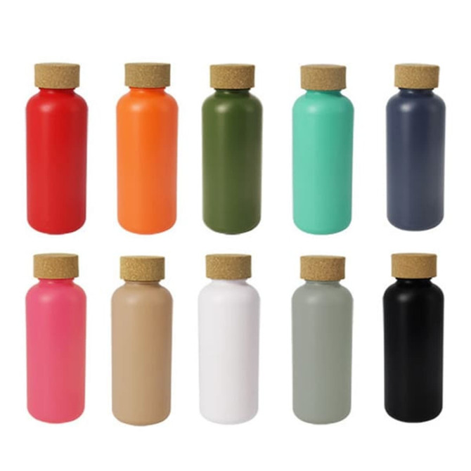 A drink bottle collection featuring various colours: red, orange, green, teal, navy, pink, beige, white, grey, and black, with cork lids.
