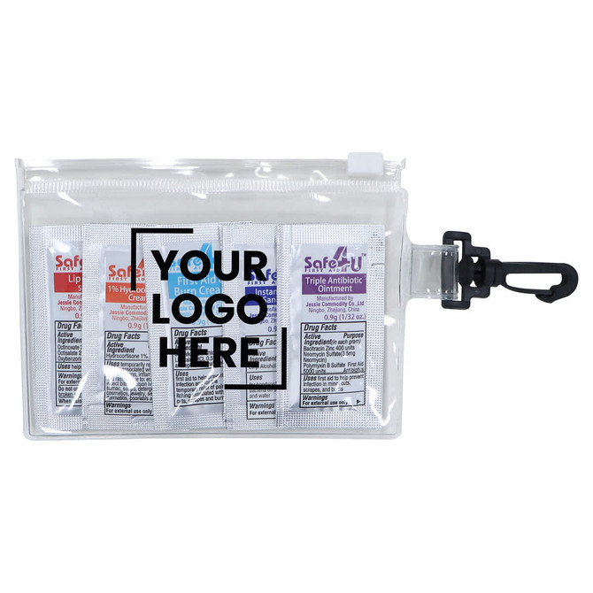 A clear pouch containing several individual packets of various ointments and creams, featuring a clip and a logo.