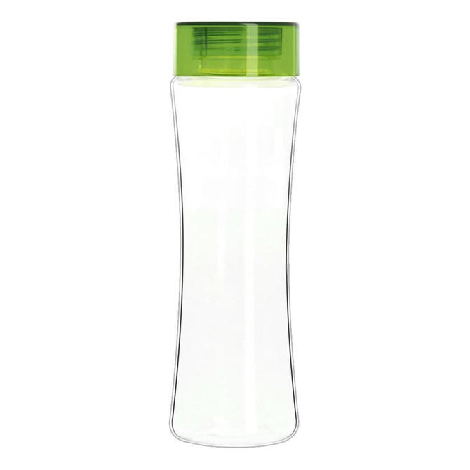 A drink bottle made of clear Tritan plastic with a green lid, featuring a sleek and modern design.