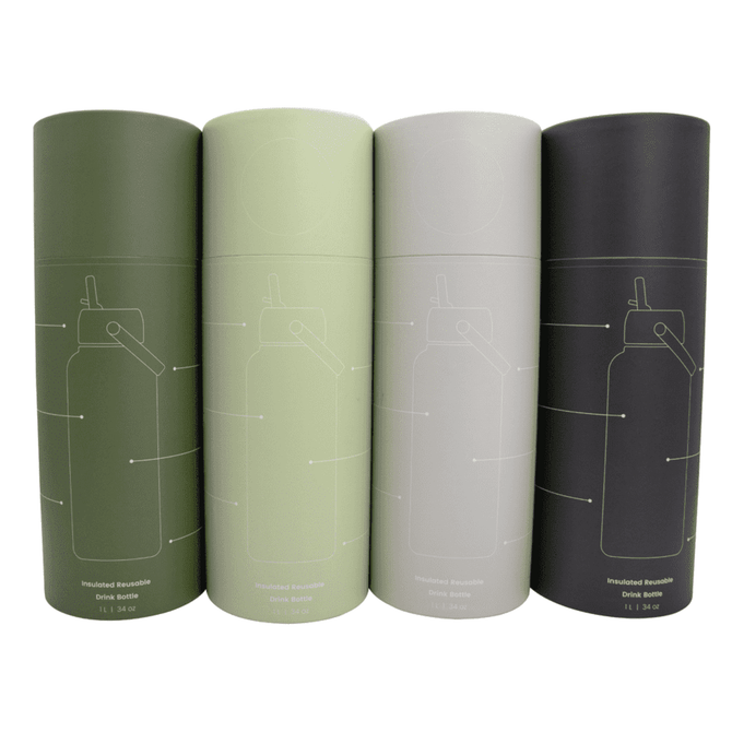 A drink bottle set featuring four colours: dark green, light green, grey, and black, with a sleek design and a logo.