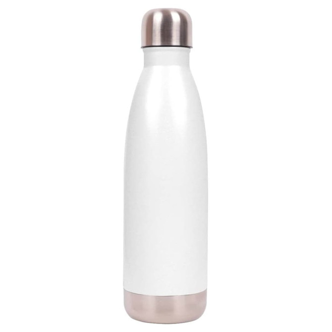 A drink bottle in white with a metallic silver base and cap, featuring a logo on its side.