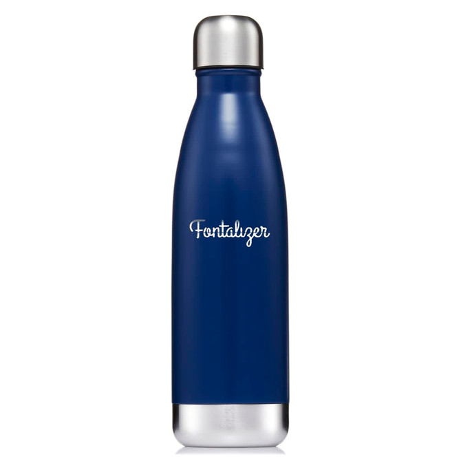 A drink bottle with a sleek navy blue design and a stainless steel top featuring a logo.