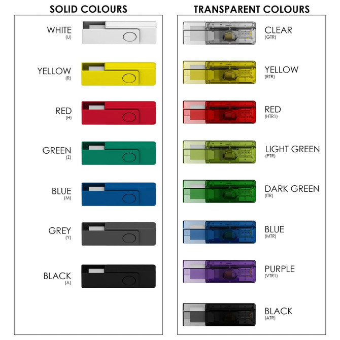 A collection of USB flash drives in various solid and transparent colours, featuring a plastic clip and a logo.
