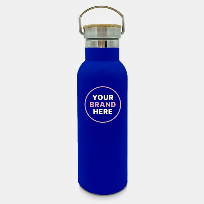 A drink bottle in vibrant blue with a silver opening and a wooden lid, featuring space for branding.