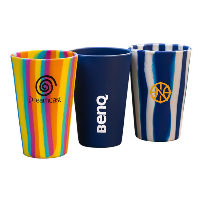 Three tumblers in vibrant colours: one with stripes, one solid navy, and one with a blue and white swirl pattern, featuring logos.