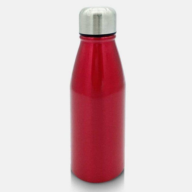 A drink bottle in vibrant red with a stainless steel cap, featuring a sleek design and a logo.