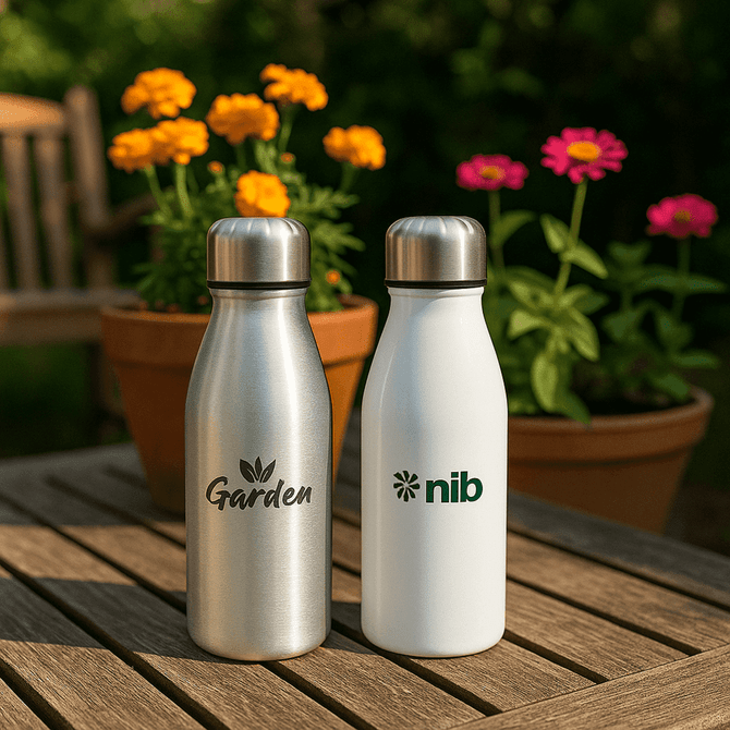 A drink bottle set featuring a silver stainless steel bottle and a white bottle, both with logos, amid blooming flowers.