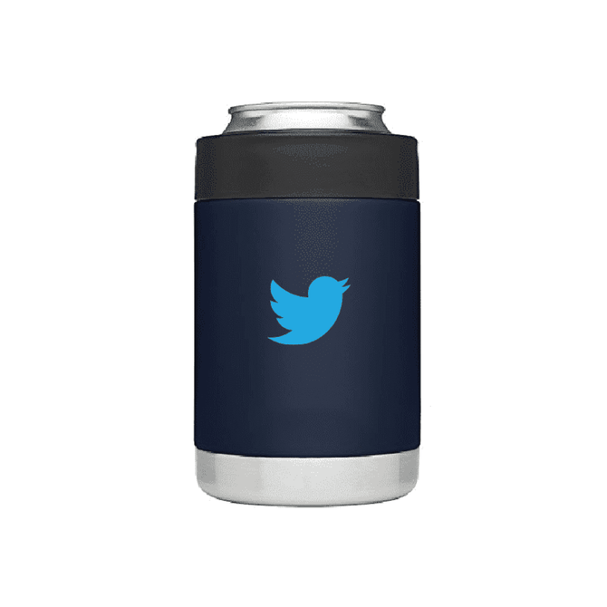 A drink cooler in navy blue with a silver bottom and a logo. Ideal for holding beverages.