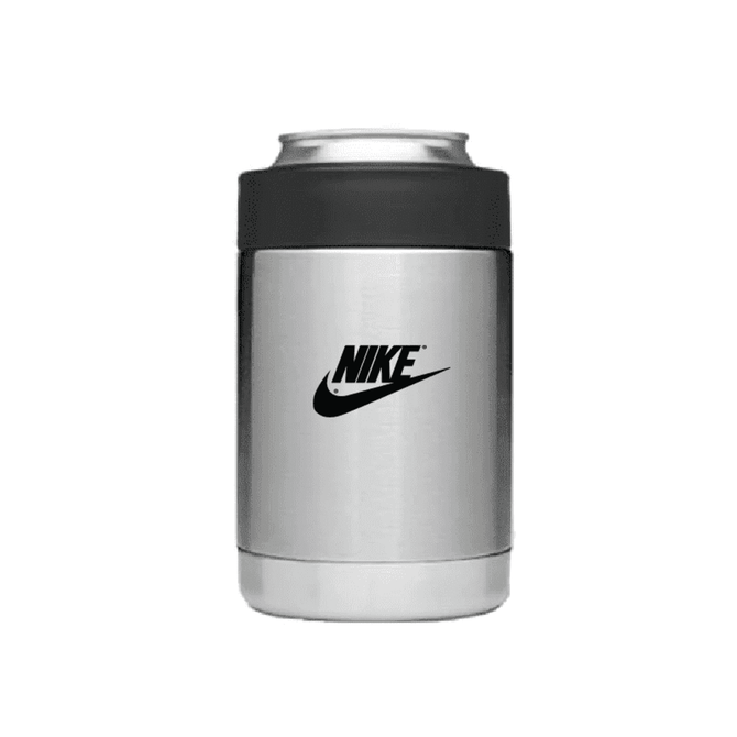 A stainless steel stubby cooler with a black top and a logo. Suitable for holding cans.