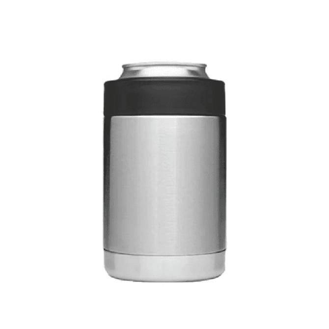 A stainless steel stubby cooler with a black silicone band, featuring a logo. Ideal for keeping drinks cold.