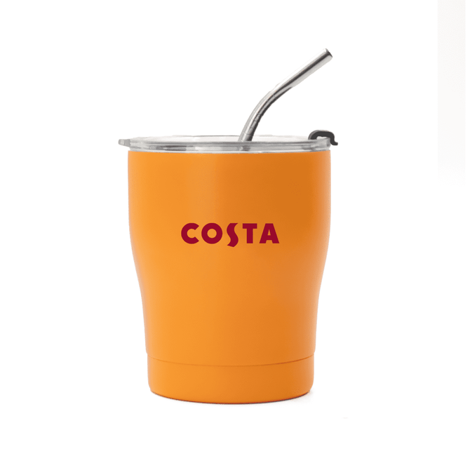 An orange travel tumbler with a stainless steel straw and a transparent lid, featuring a logo on the front.