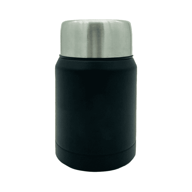 A drink bottle in black with a stainless steel lid, featuring a smooth finish and a logo.