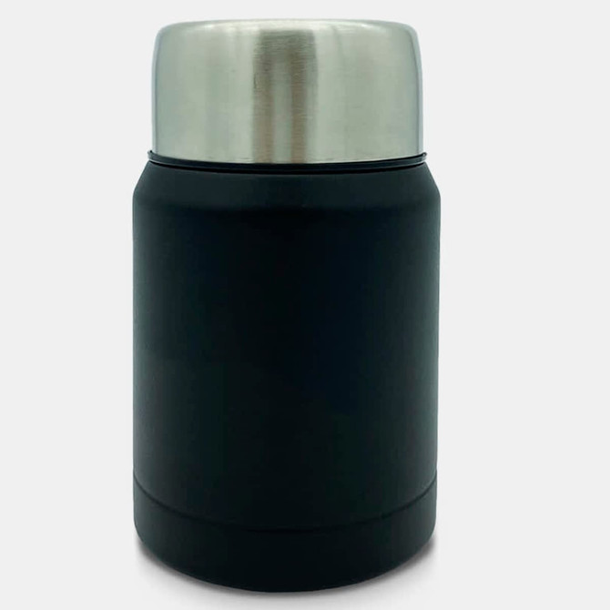 A drink bottle with a black body and a silver stainless steel lid, featuring a logo.