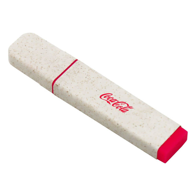 An eco-friendly highlighter in white with a pink end, featuring a logo.