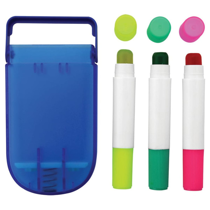 A set of highlighters in green, pink, red, and yellow, housed in a blue container.