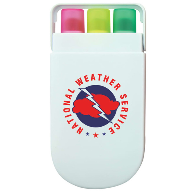 A white highlighter set with three colours: pink, green, and yellow. It has a logo on the front.