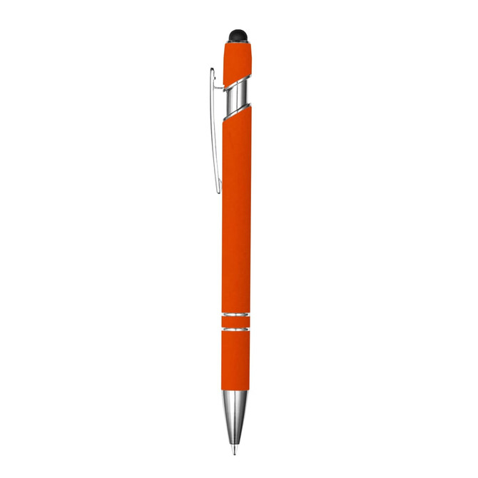 An orange stylus pen with a sleek silver accent and a clip. It features a rubber grip for comfort.