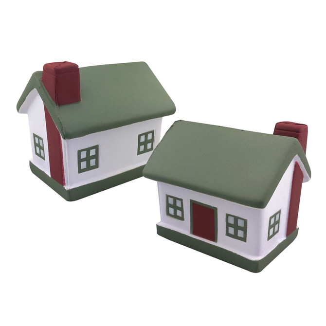 Two stress relief houses with green roofs, white walls, and red chimneys, featuring decorative windows and doors.