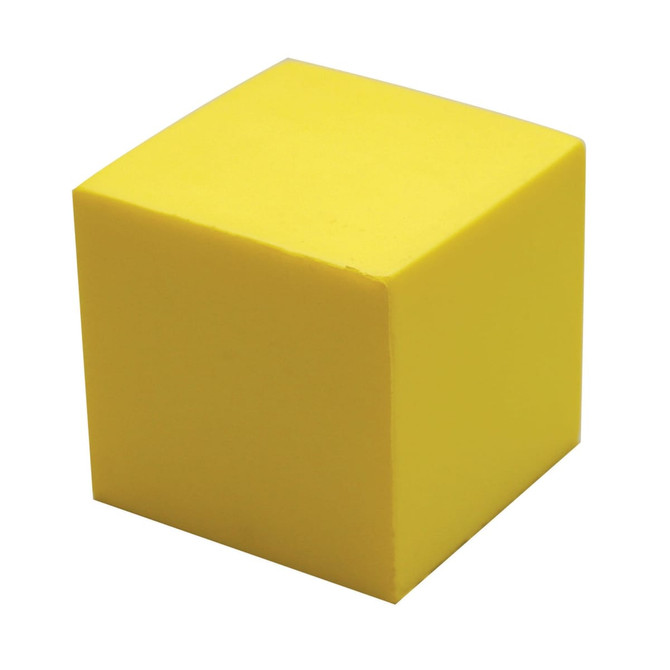 A yellow stress cube with a smooth surface, featuring a logo on one side.