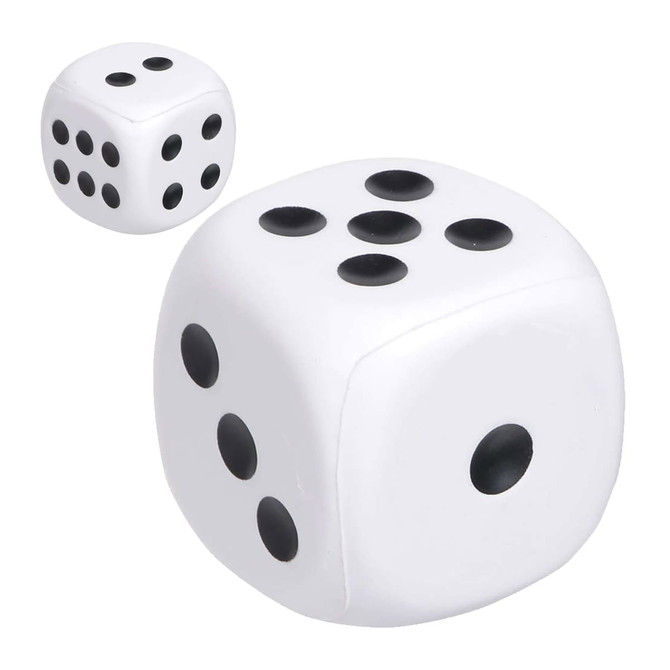 Two white dice with black dots are displayed, one larger than the other. They both feature the standard die configuration.