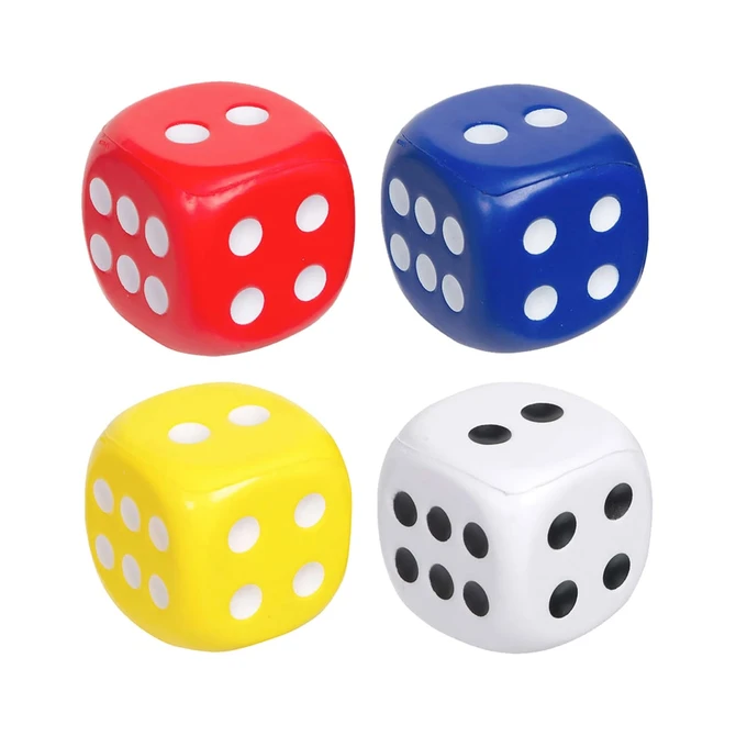 Four small stress dice in red, blue, yellow, and white. Each die features black or white dots and has a logo.