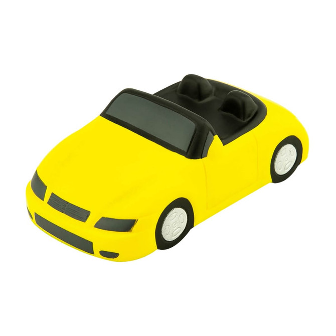 A yellow stress relief car toy with a convertible design and black seating. Features white wheels and a simplistic style.