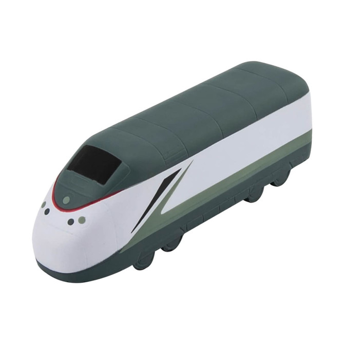 A green and white stress toy shaped like a train with a smooth surface and wheels. It features a logo on one side.