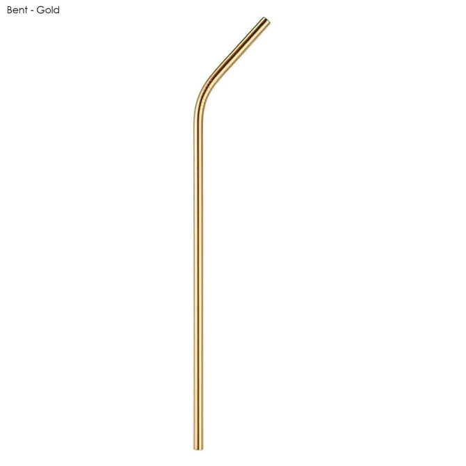 A bent stainless steel drinking straw in gold, measuring 6mm x 215mm, with a logo present.
