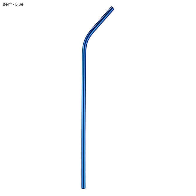 A bent stainless steel straw in blue, measuring 6mm x 215mm, with a logo present.