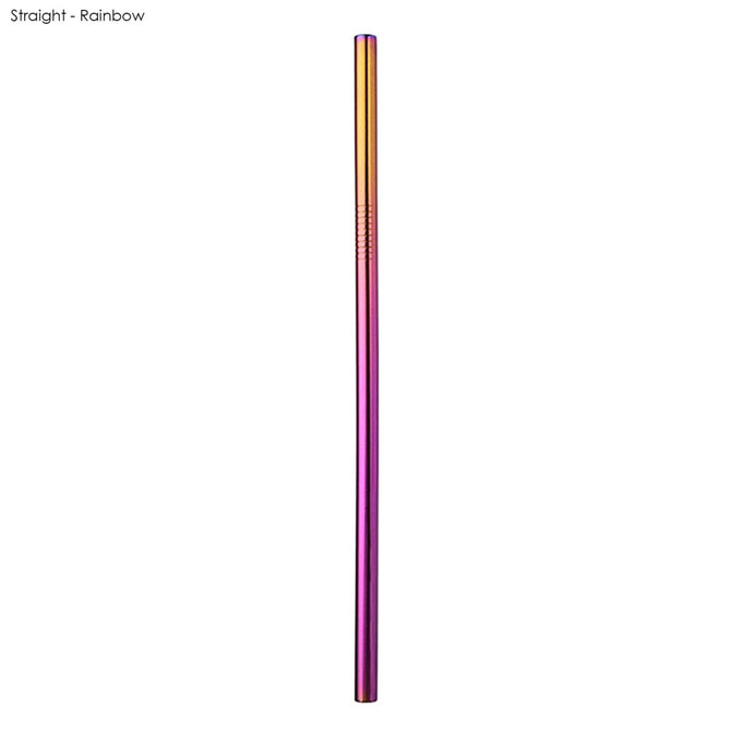 A stainless steel drinking straw in a rainbow finish, straight design. It features a logo at the top.