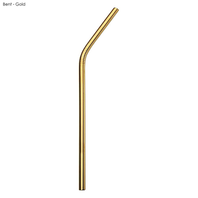 A gold stainless steel straw with a bent design, featuring a smooth finish and a branding logo.