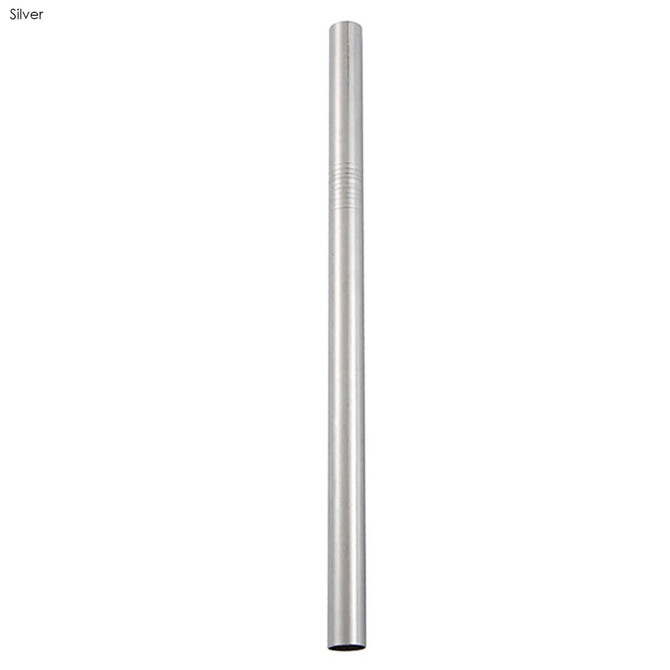 A stainless steel straw in silver, measuring 12mm x 215mm, with a sleek, shiny finish.