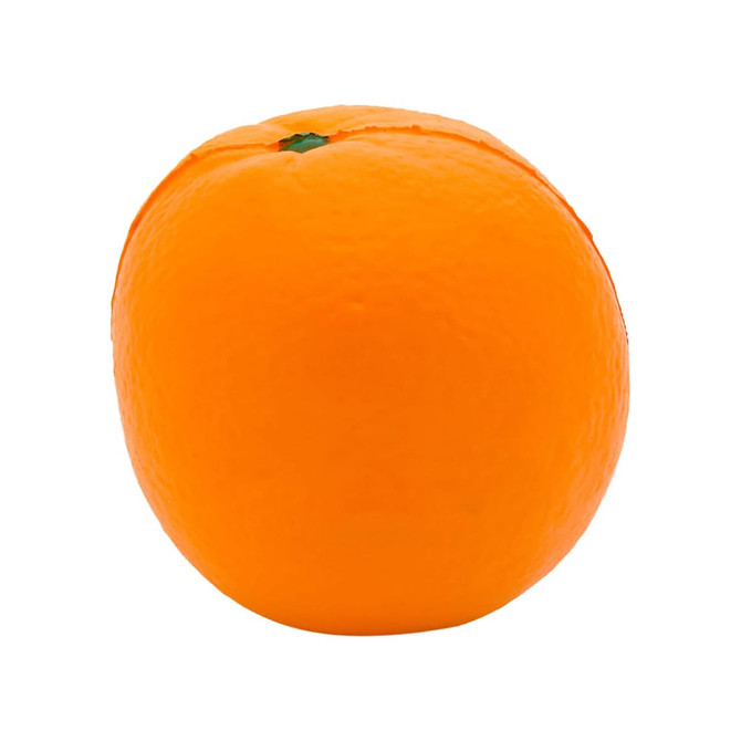 A bright orange stress ball shaped like an orange, featuring a slight texture and green stem detail on top.