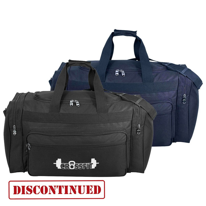 Two duffle bags in black and navy, featuring multiple pockets and a logo, with a prominent label indicating discontinued status.