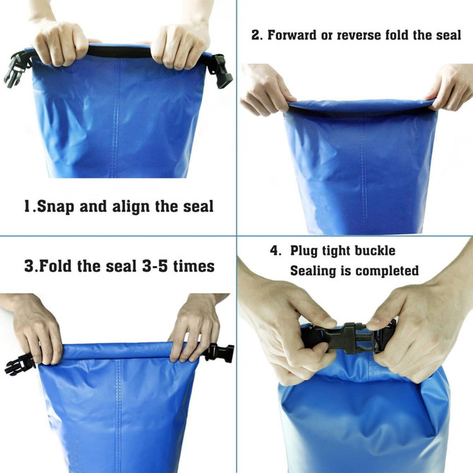 A blue Deluxe Dry Sack – 10L with step-by-step guide for sealing and securing the bag, featuring a logo.