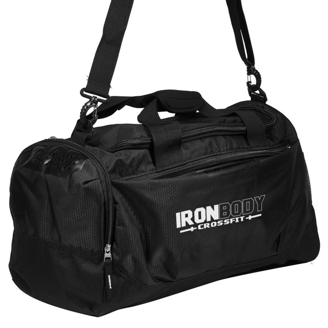 A black duffle bag with a shoulder strap, featuring a logo and multiple zippered compartments.